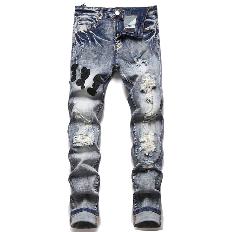 AM foreign trade style punk retro blue hole slim elastic printing dyeing skinny men's jeans - CNFans Spreadsheet catalog entry
