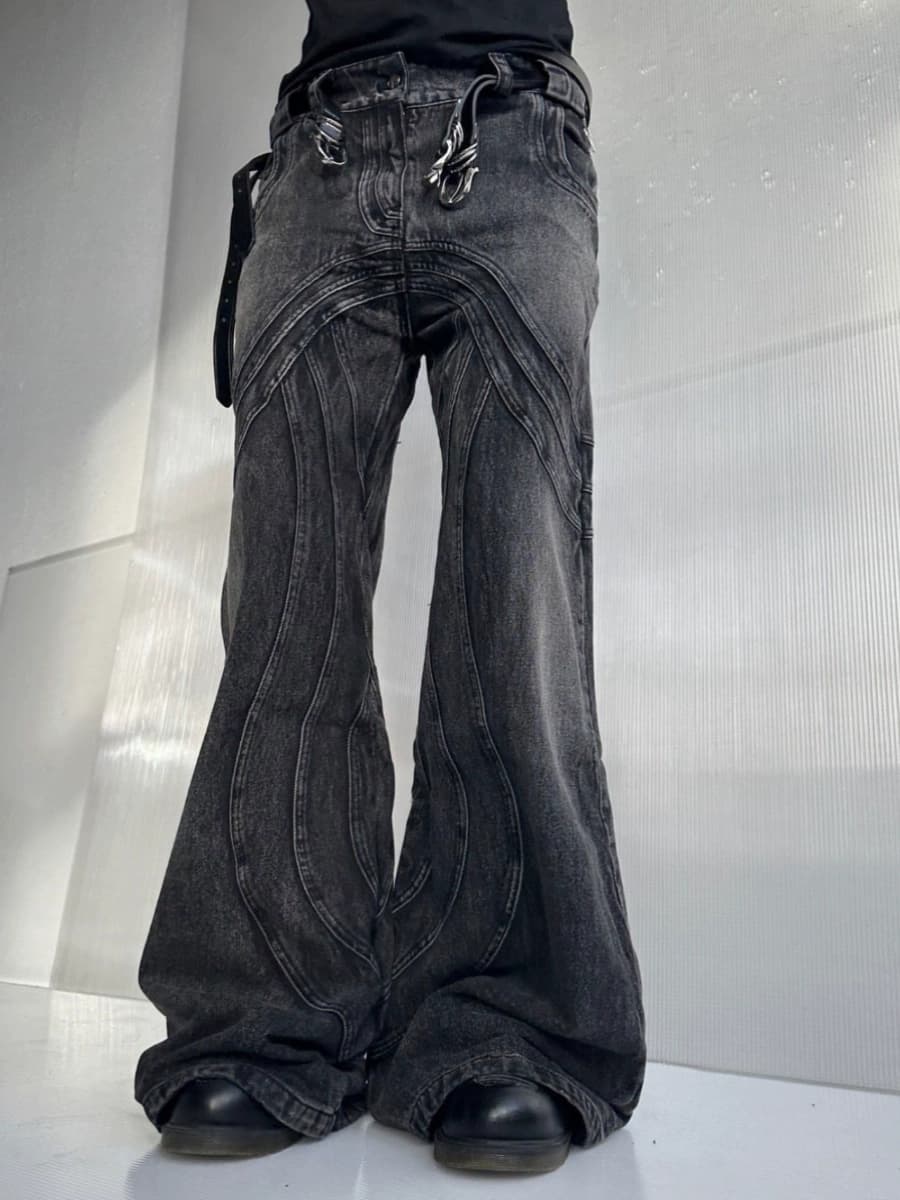 No/faith 23S heavyweight wavy rippled distressed washed black and grey flared denim loose pants - CNFans Spreadsheet catalog entry